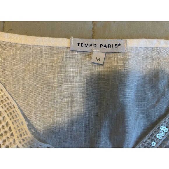 TEMPO PARIS Off White 100% Linen Artsy Dress Rauched Skirt Asymetrical Hem SZ M - Picture 7 of 16